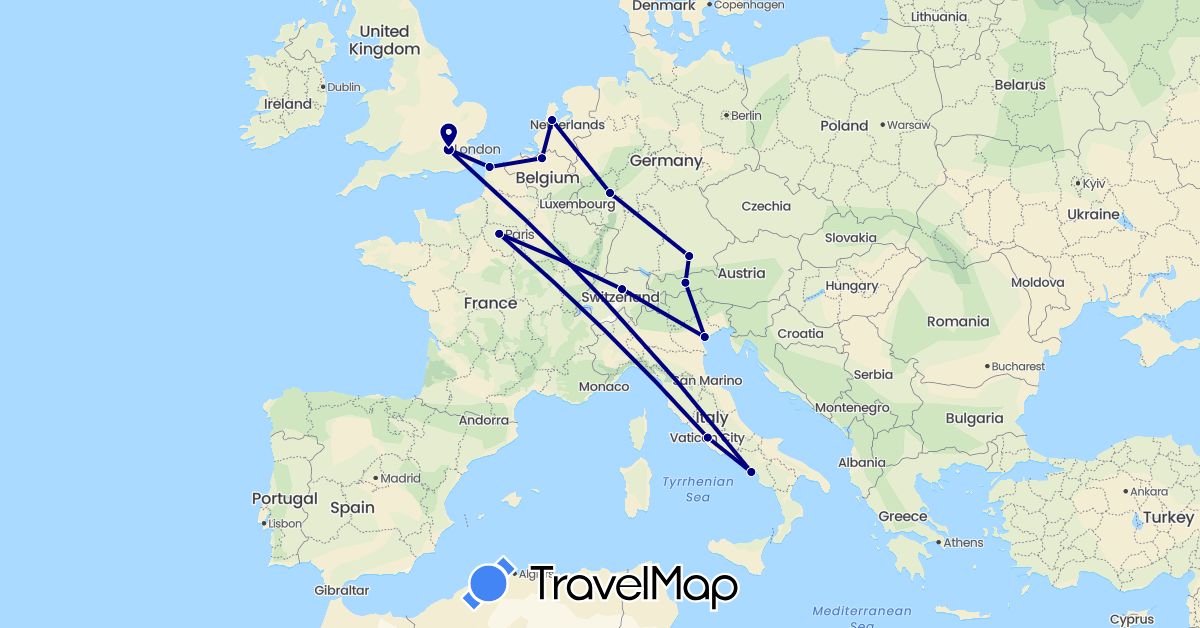 TravelMap itinerary: driving in Austria, Belgium, Switzerland, Germany, France, United Kingdom, Italy, Netherlands (Europe)
